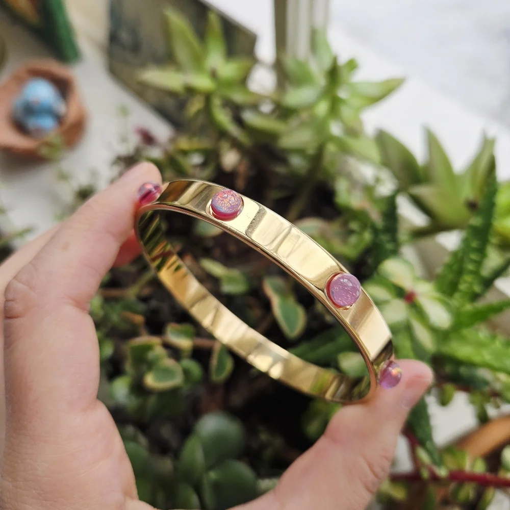 Vintage Gold Pink Triplet Opal Cabochon Bangle Bracelet